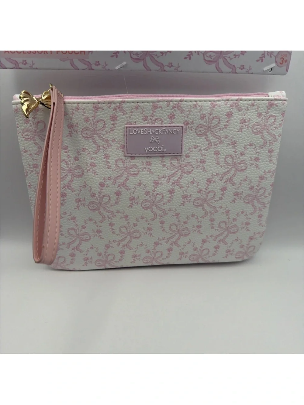 New - LoveShackFancy Pink Coquette Gold Bow Zipper Pouch/Wristlet w Strap